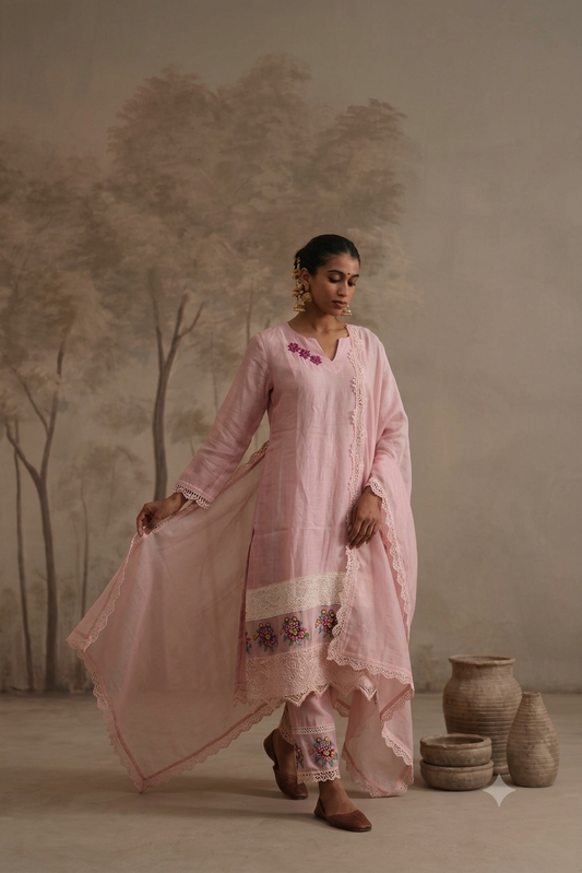 Blush Pink Embroidered Kurta Set with Lace Dupatta
