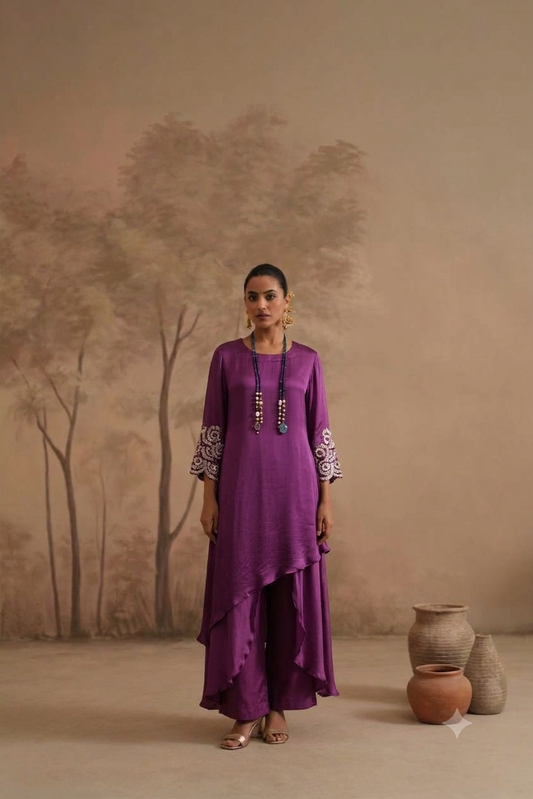 Magenta Silk crepe kurta set with overlap pants