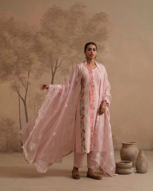 Salmon Pink print & cutwork kurta set