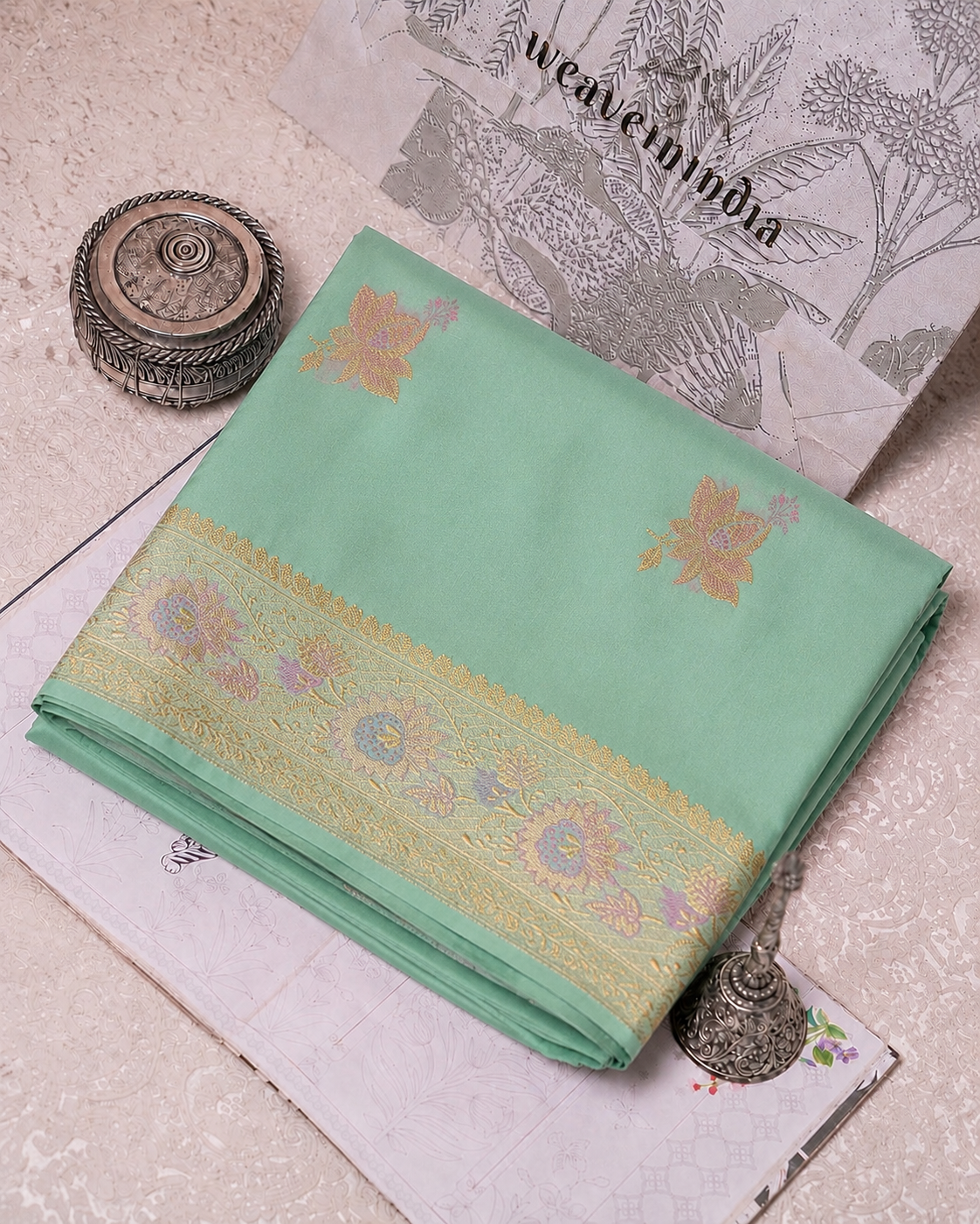 Light Sea Green Handwoven Banarasi Ektara Pure Silk Saree with Kaduwa Weave