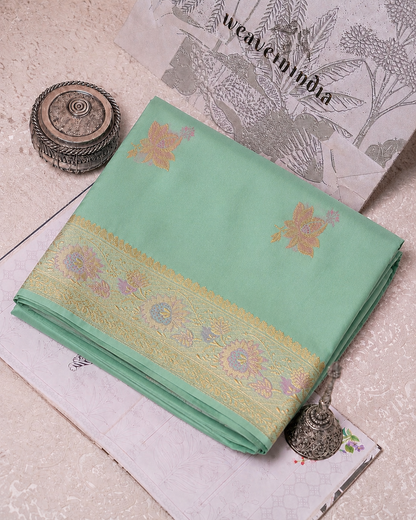 Light Sea Green Handwoven Banarasi Ektara Pure Silk Saree with Kaduwa Weave