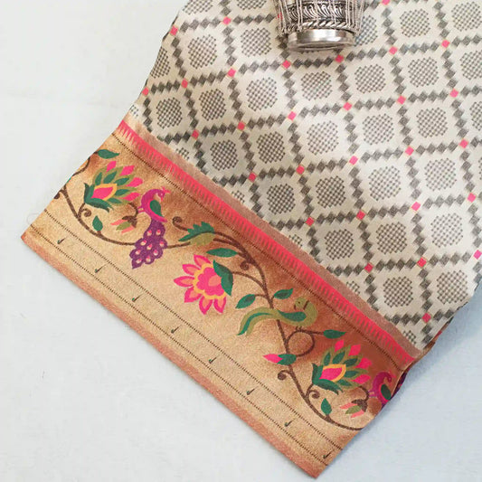 Luxury Off-White Silk Saree with Patola Design and Paithani Border