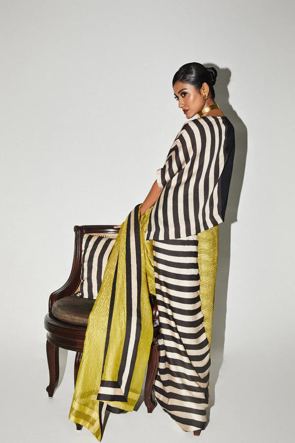 Lime Gold Stripe Tissue Saree