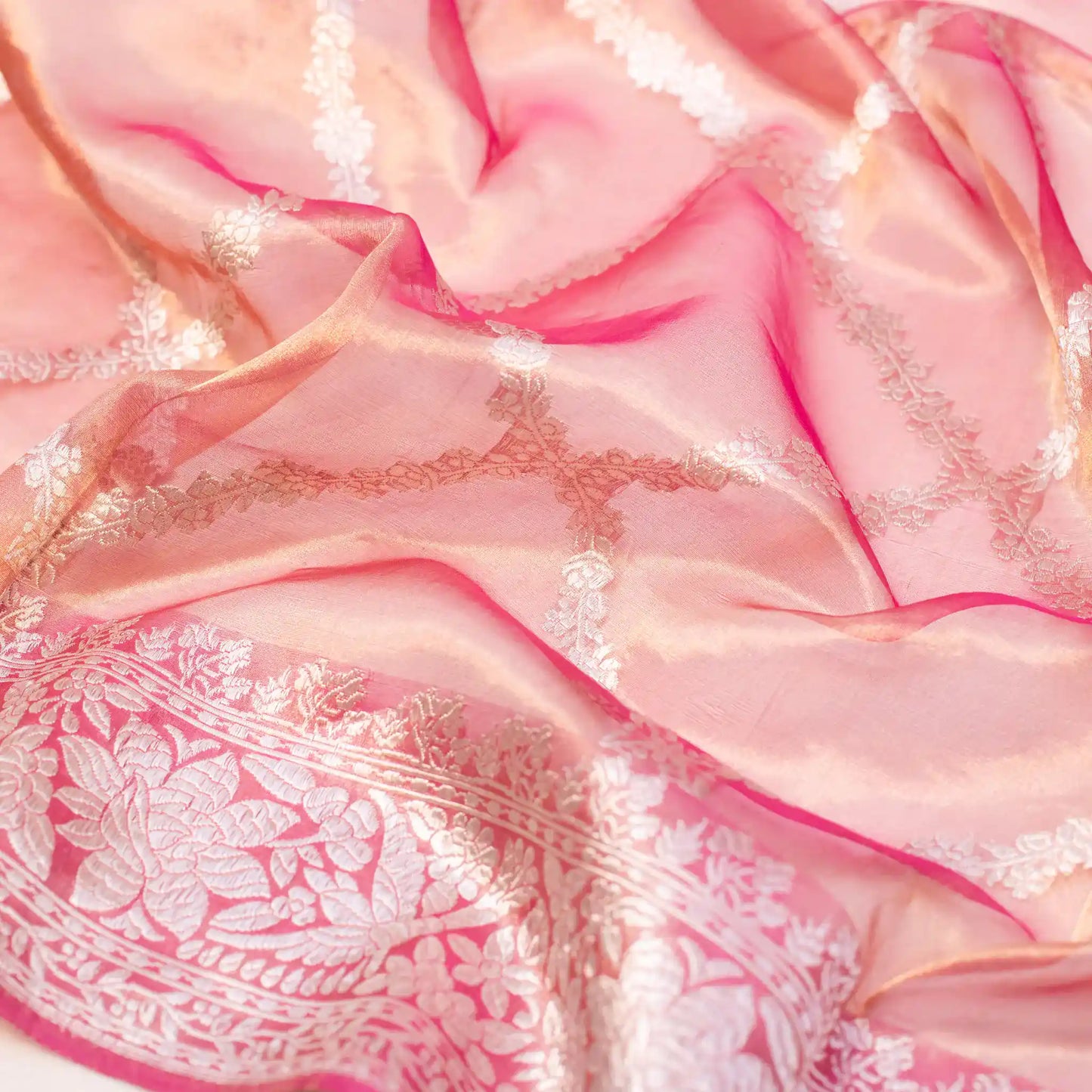 Onion Pink Banarasi Tissue Saree with Silver Zari Geometric Pattern