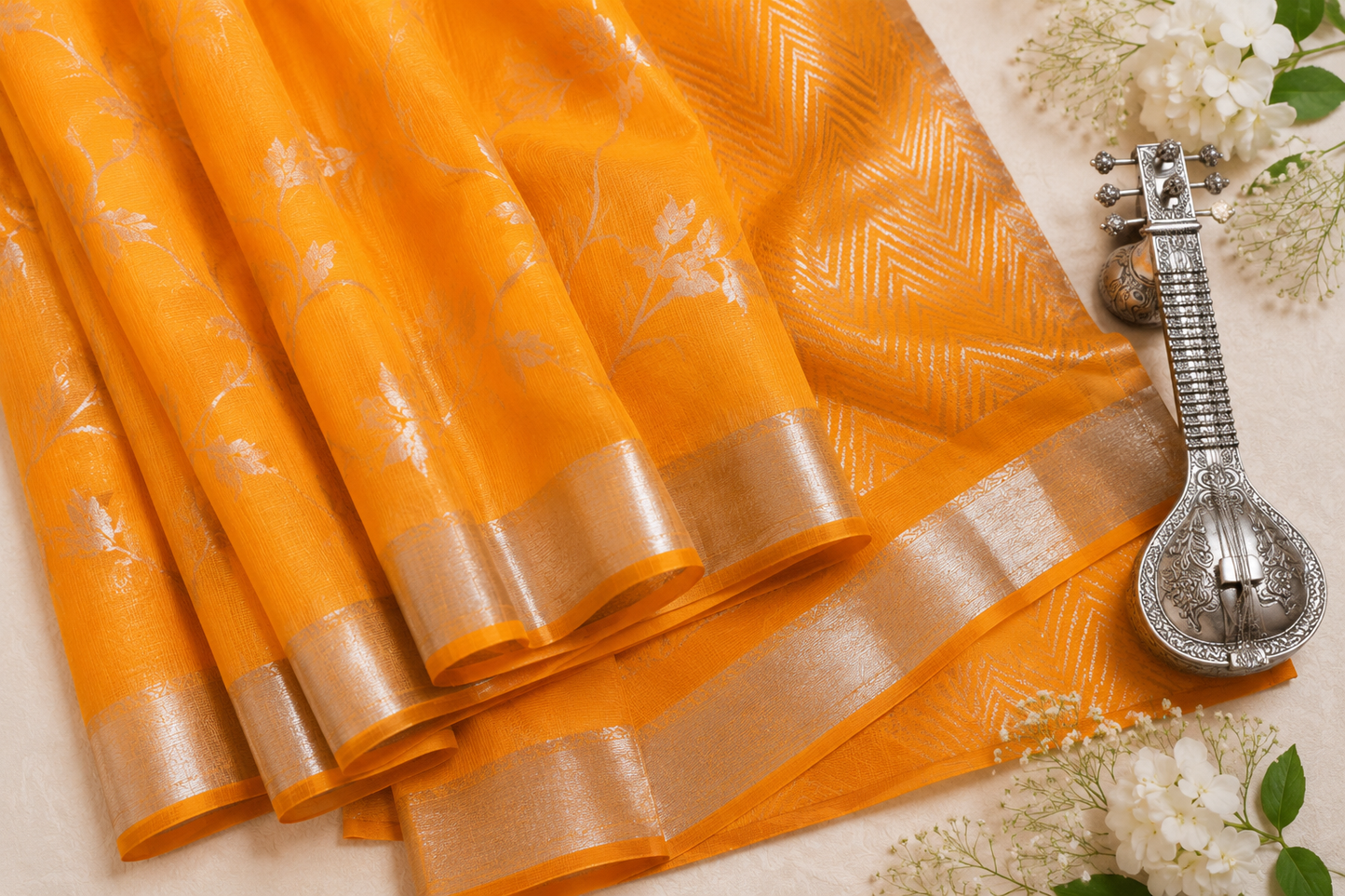 Orange Pure Kota Saree with Handwoven Butti