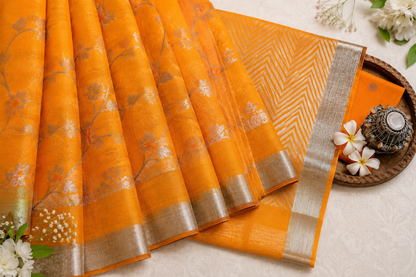 Orange Pure Kota Saree with Handwoven Butti