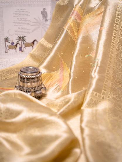 Pastel Yellow Silk Tissue Saree with Hand-Brush Motifs
