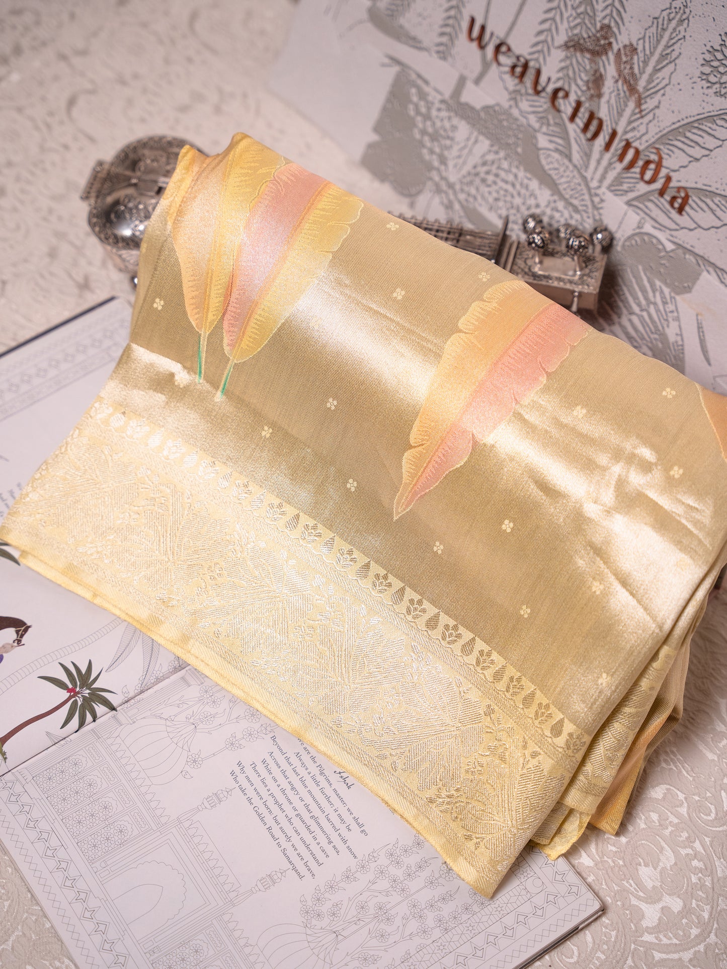 Pastel Yellow Silk Tissue Saree with Hand-Brush Motifs