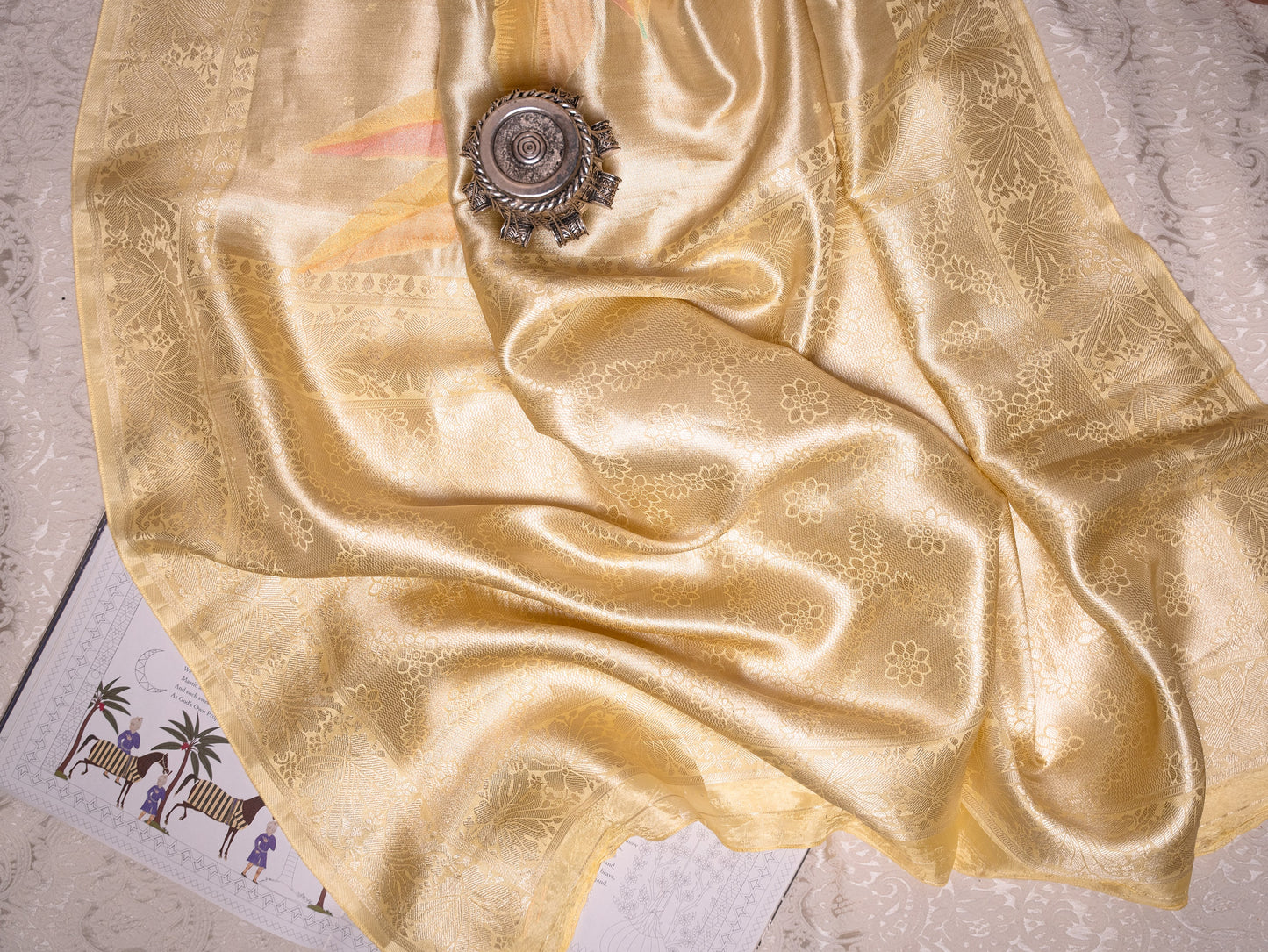 Pastel Yellow Silk Tissue Saree with Hand-Brush Motifs