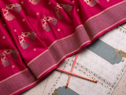 Rani Pink Handwoven Banarasi Dancing Dolls Katan Silk Saree