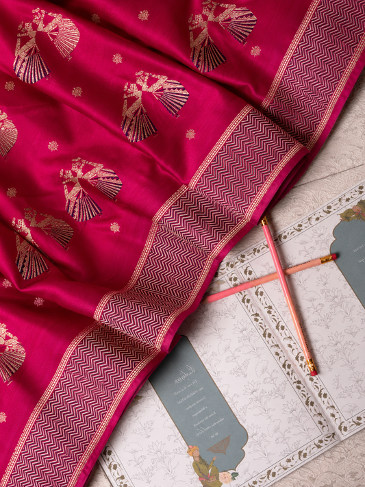 Rani Pink Handwoven Banarasi Dancing Dolls Katan Silk Saree