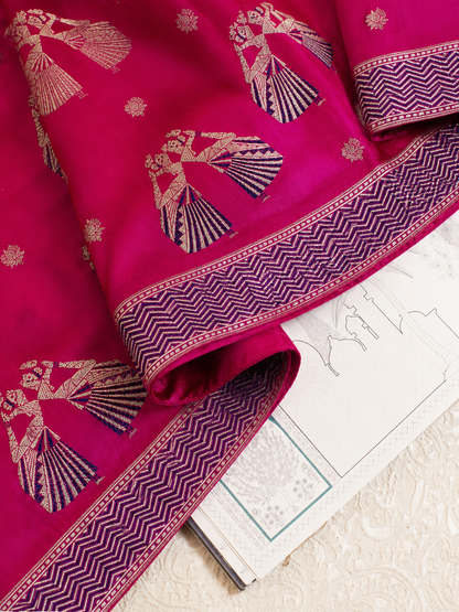 Rani Pink Handwoven Banarasi Dancing Dolls Katan Silk Saree