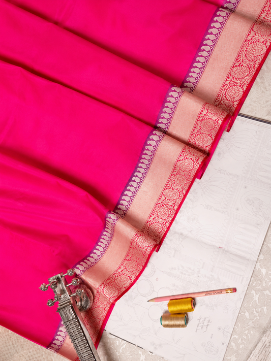 Rani Pink Banarasi Silk with Orange Sona Booti Blouse