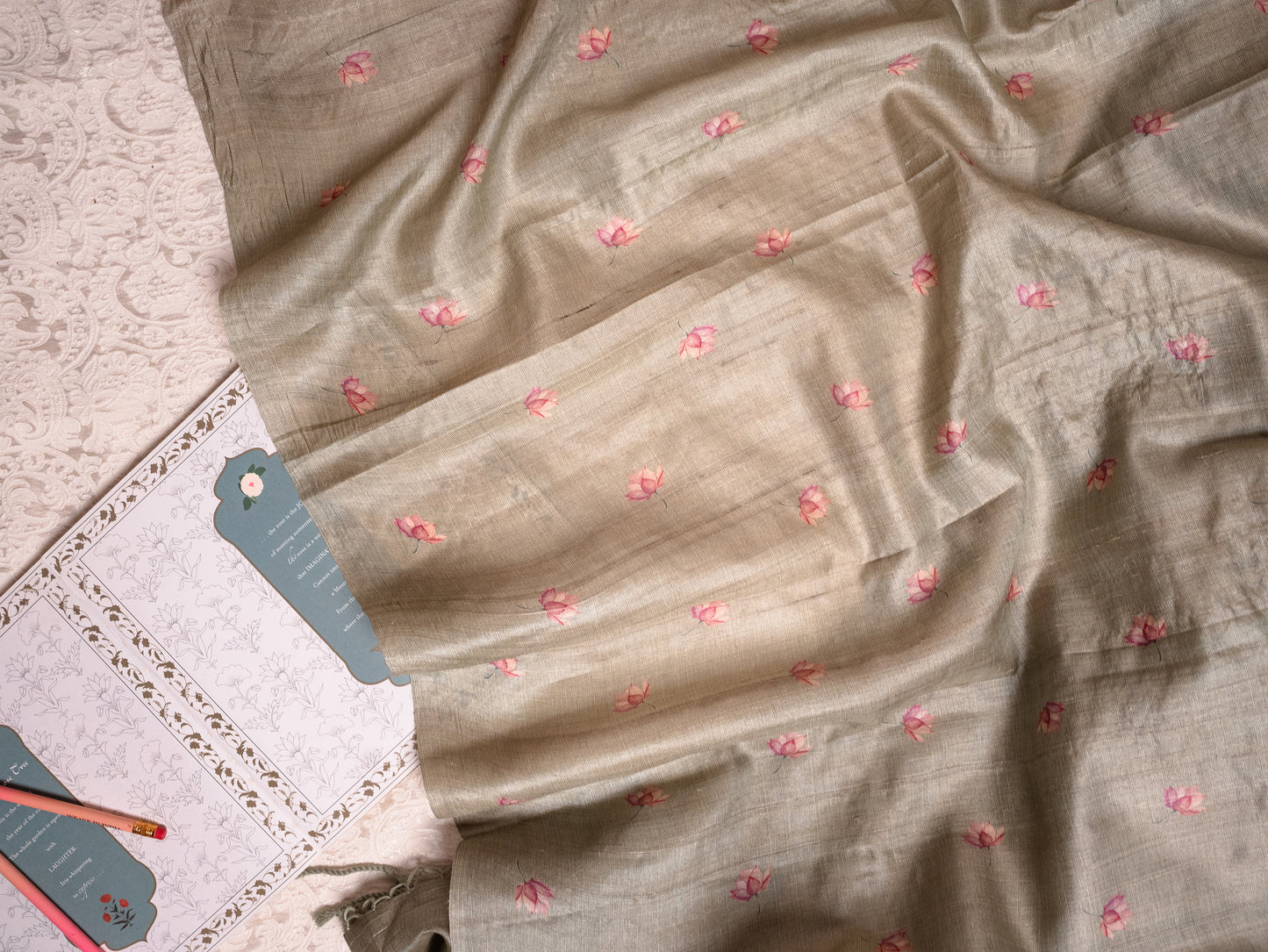 Sage Green Tussar Silk Saree with Hand-Painted Flamingos