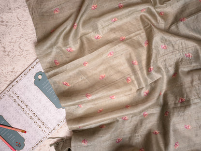Sage Green Tussar Silk Saree with Hand-Painted Flamingos