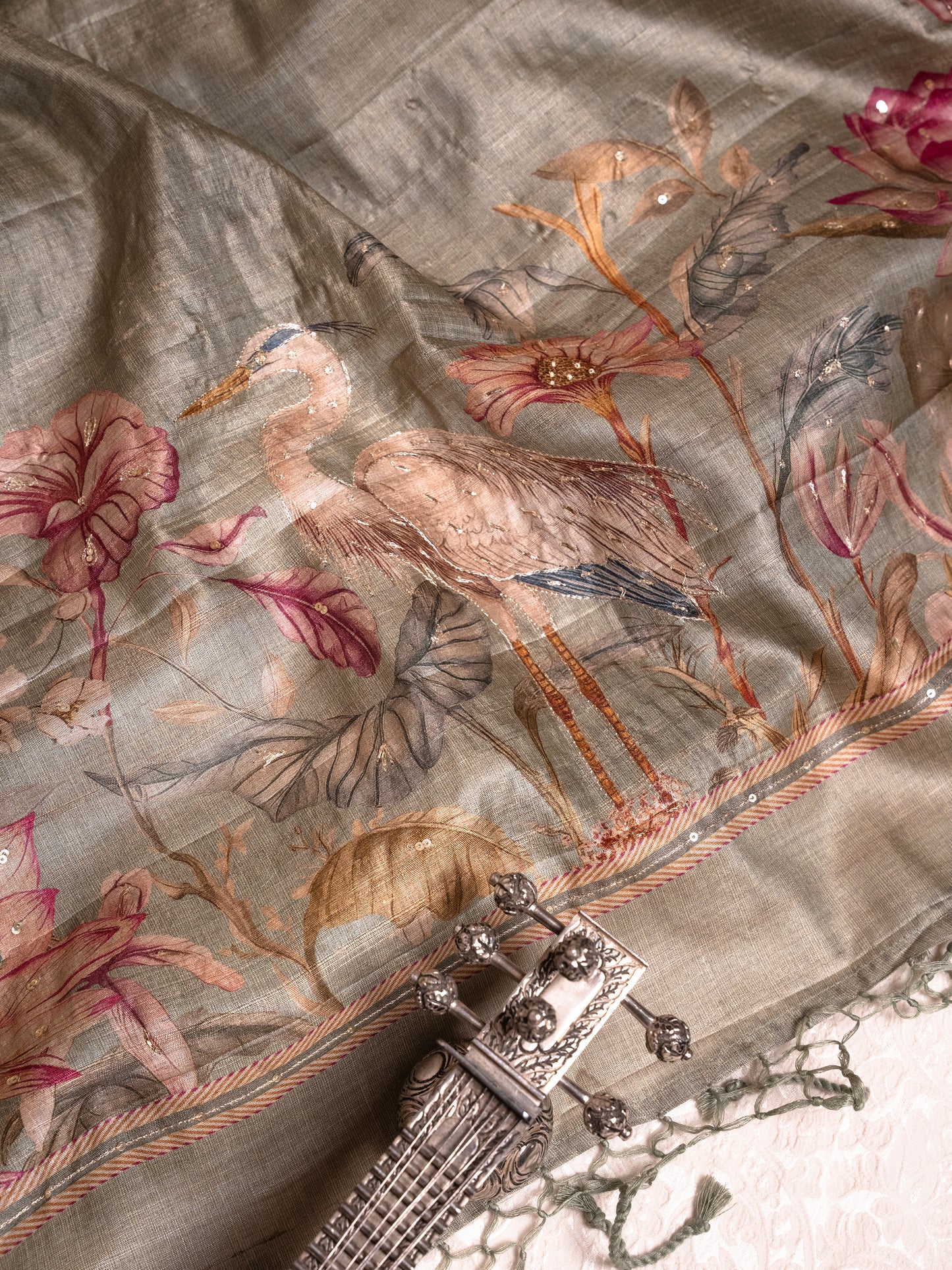 Sage Green Tussar Silk Saree with Hand-Painted Flamingos