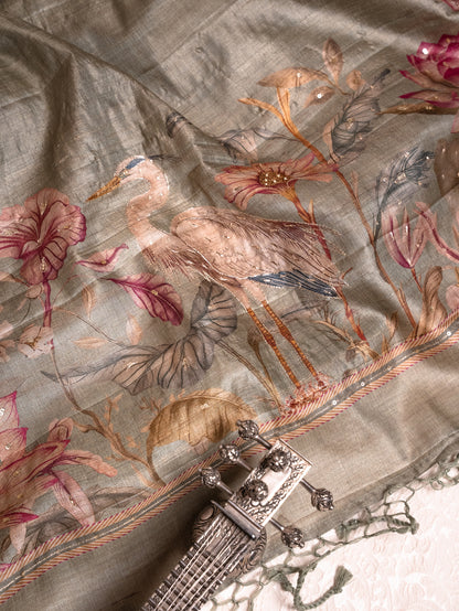 Sage Green Tussar Silk Saree with Hand-Painted Flamingos