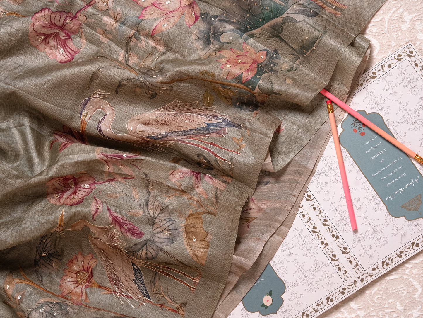 Sage Green Tussar Silk Saree with Hand-Painted Flamingos
