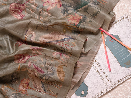Sage Green Tussar Silk Saree with Hand-Painted Flamingos