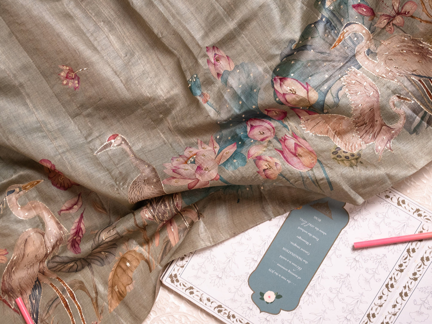 Sage Green Tussar Silk Saree with Hand-Painted Flamingos