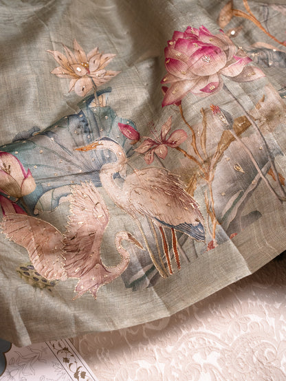 Sage Green Tussar Silk Saree with Hand-Painted Flamingos