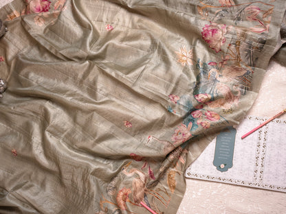 Sage Green Tussar Silk Saree with Hand-Painted Flamingos