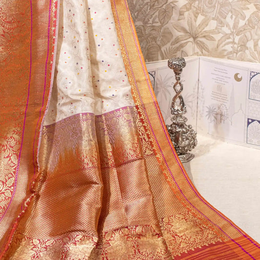 White Banarasi Katan Silk Saree with Minakari Bindis