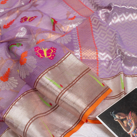 Lilac Handwoven Real Zari Double Tissue Kota Saree