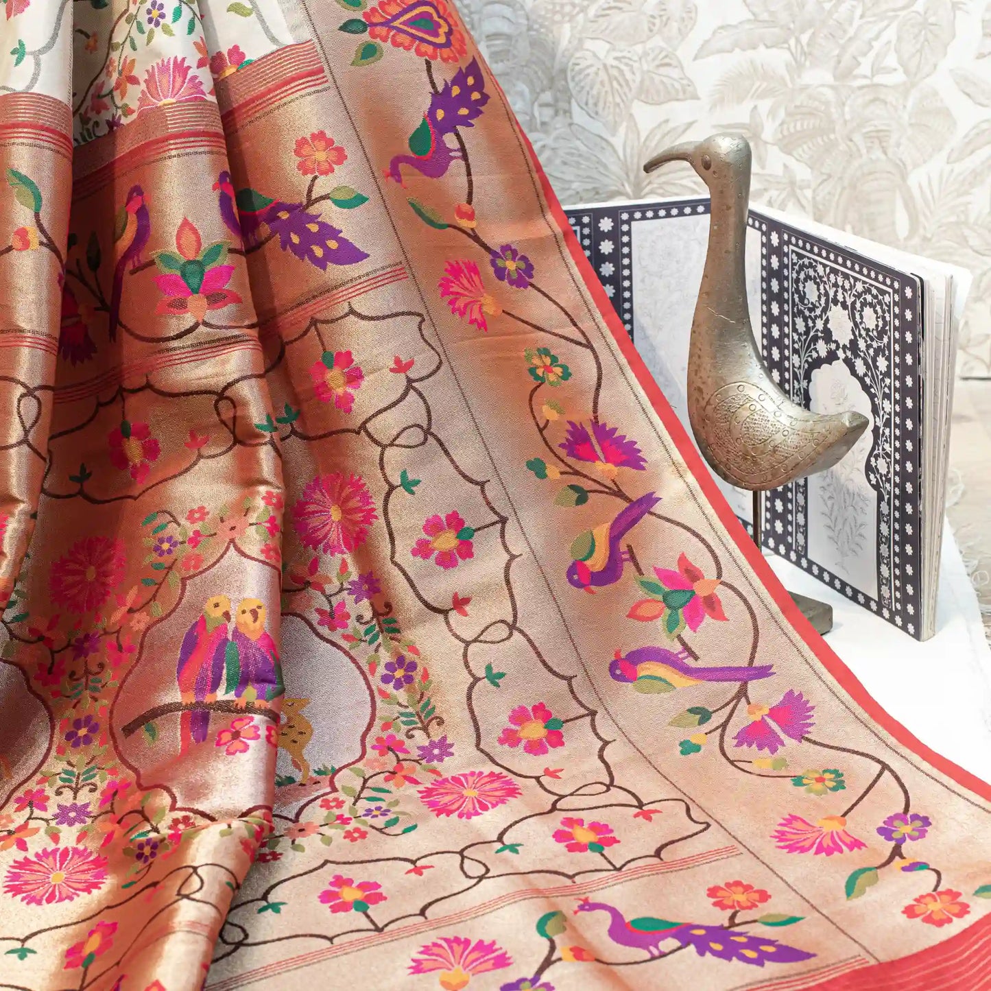 Off-White Handwoven Paithani Saree with Shikarga Motifs