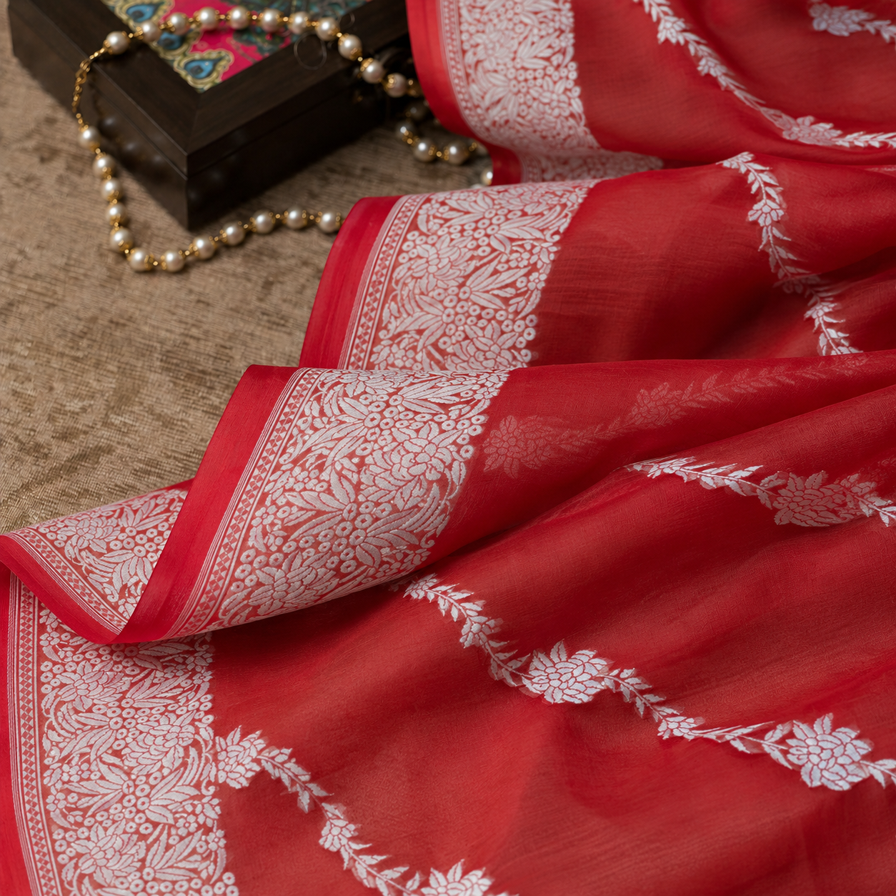 Scarlet Red Handwoven Banarasi Kora Organza Saree