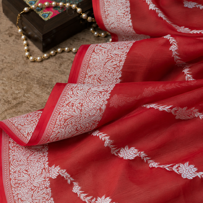 Scarlet Red Handwoven Banarasi Kora Organza Saree