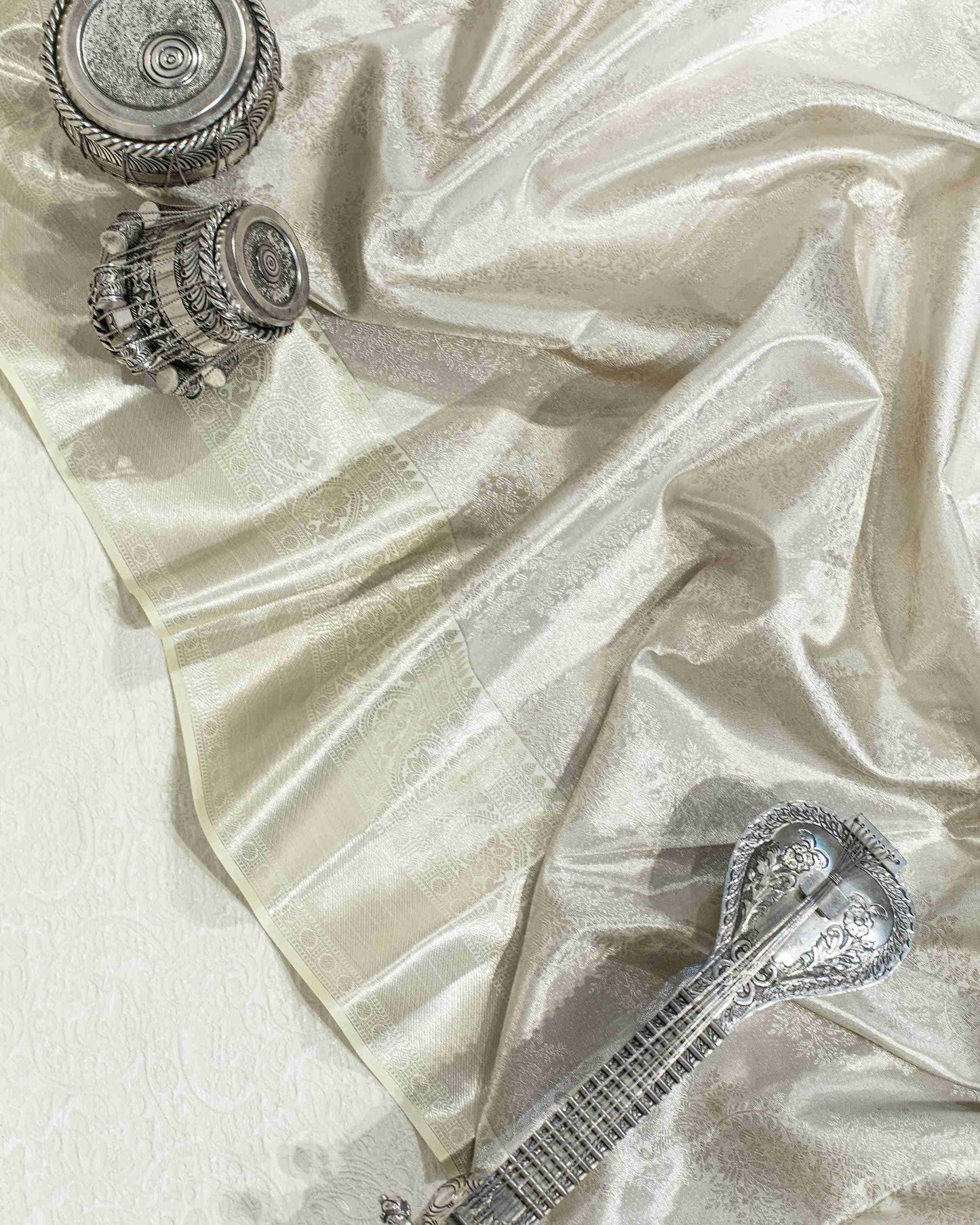Silver Zari Tissue Floral Brocade Banarasi Saree