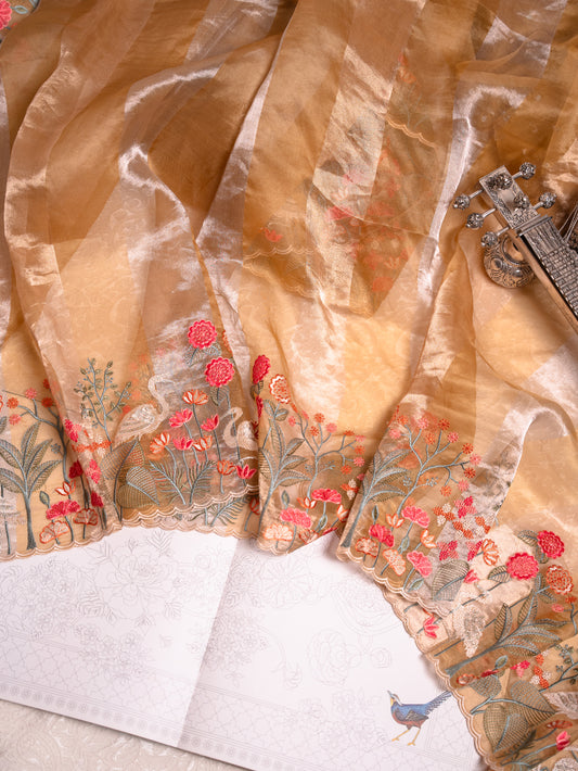 Sunlit Yellow Tissue Silk Saree with Embroidered Flamingo Border