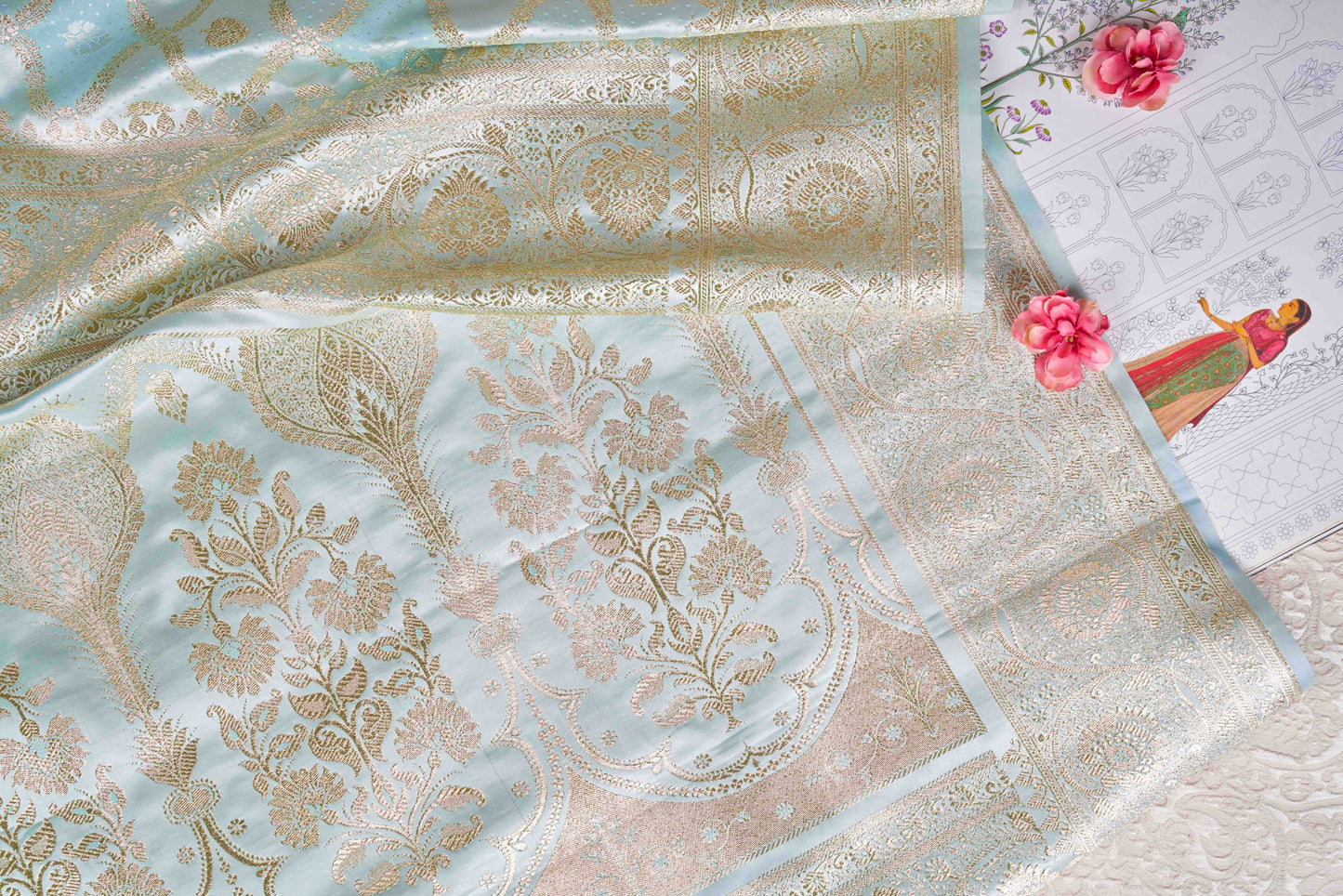 Powder Blue Mushru Kadwa Banarasi Silk Saree