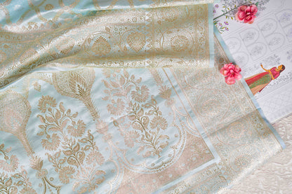 Powder Blue Mushru Kadwa Banarasi Silk Saree