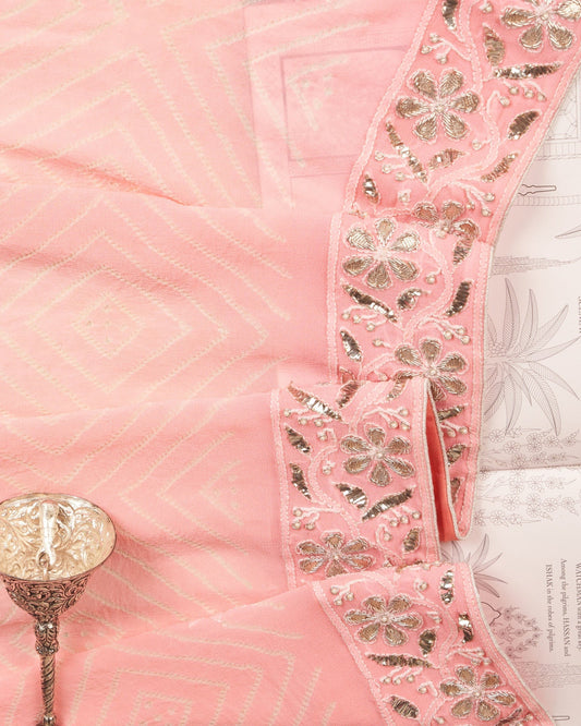 Limited Edition Hand-Embroidered Peach Chikankari Bandhej Saree