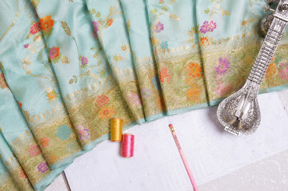 Sky-blue shikargha silk georgette