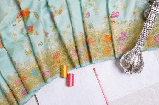 Sky-blue shikargha silk georgette