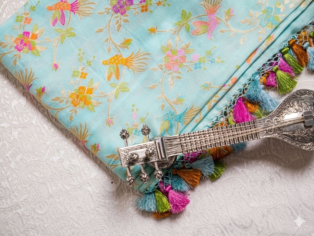 Sky-blue shikargha silk georgette