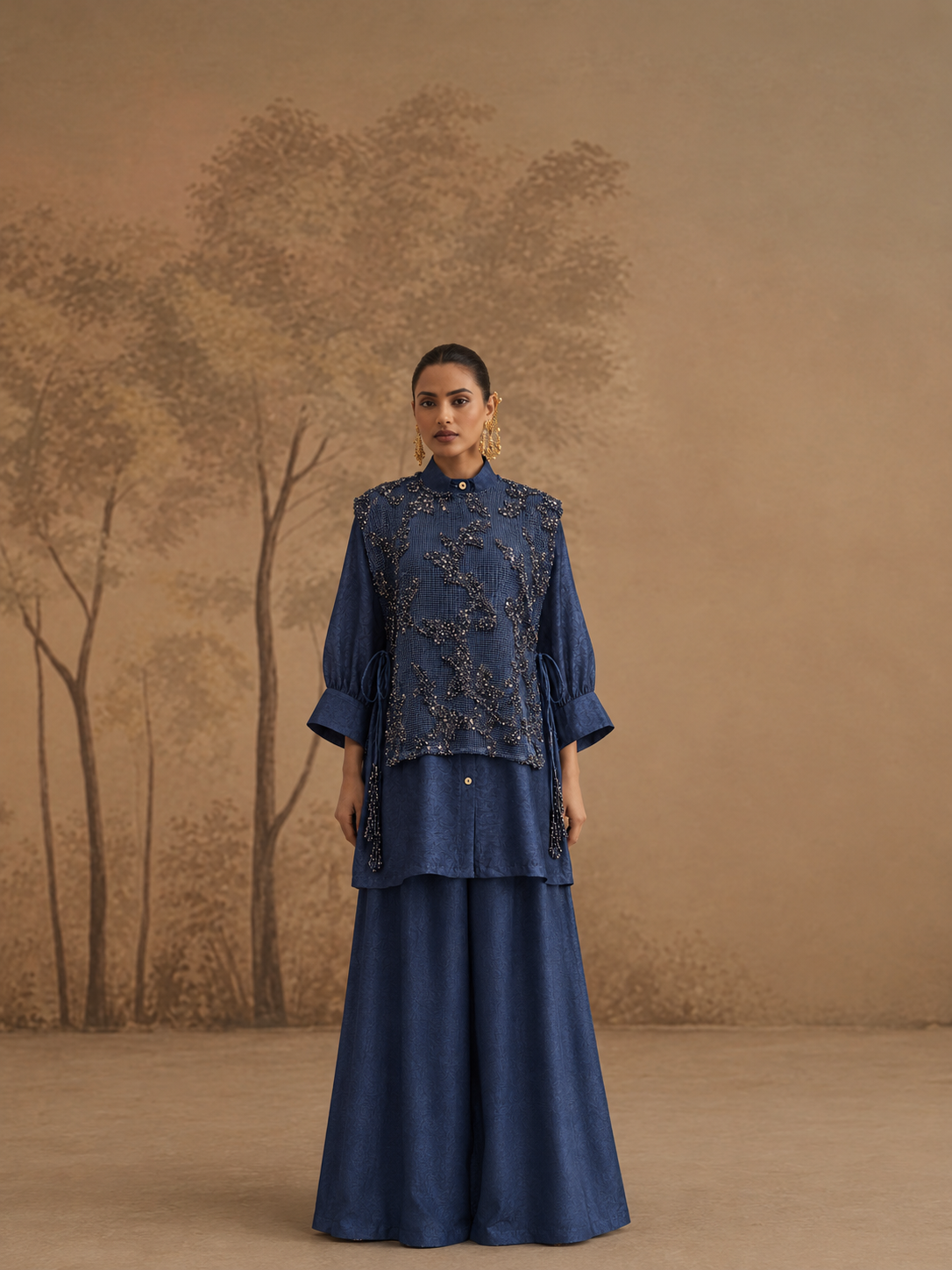 Navy Blue Embellished Shirt Tunic with Wide-Leg Palazzo Pants – Designer Co-Ord Set