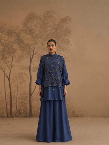 Navy Blue Embellished Shirt Tunic with Wide-Leg Palazzo Pants – Designer Co-Ord Set