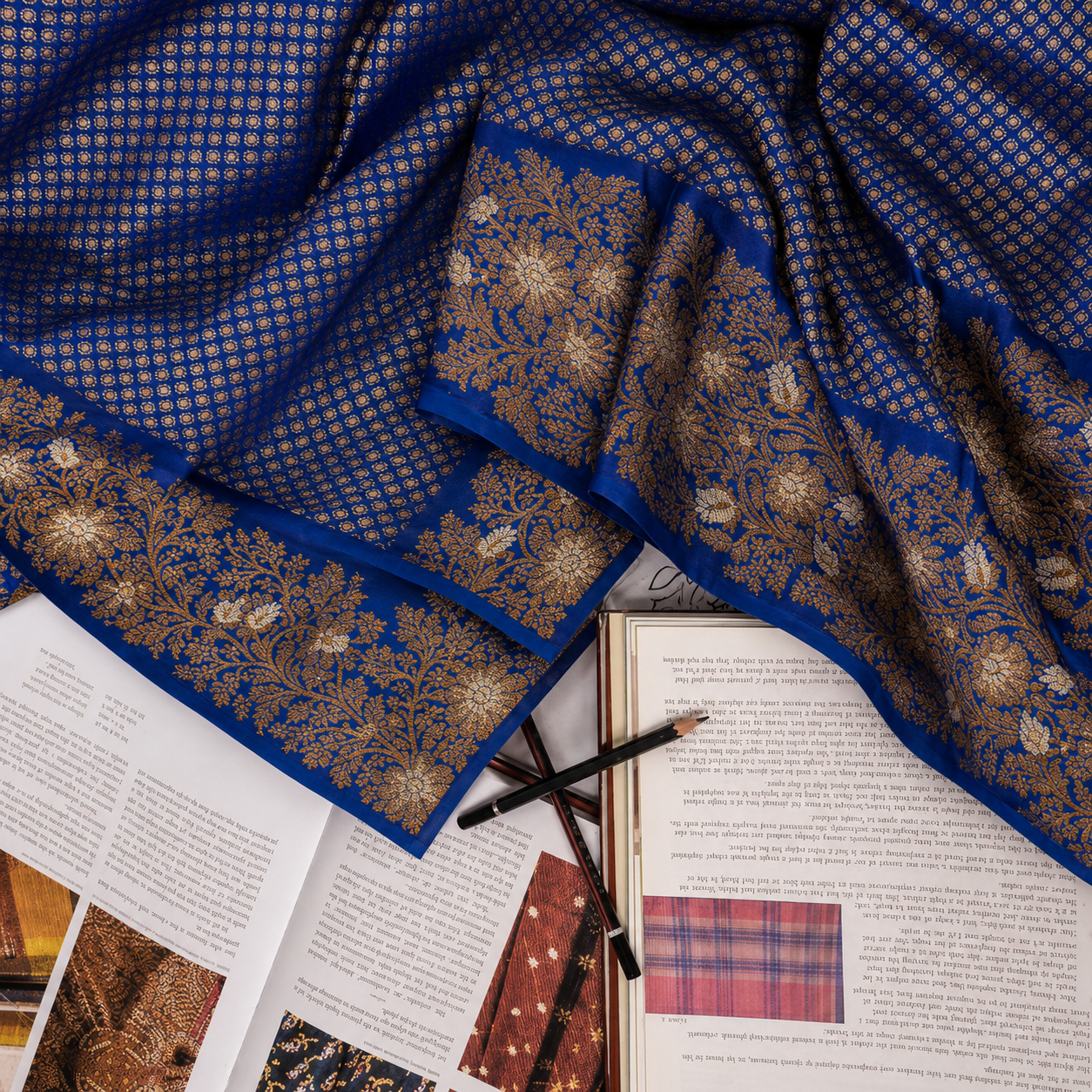 Royal Blue Handwoven Banarasi Khaddi Georgette Saree with Copper & Silver Zari Border