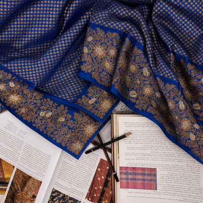 Royal Blue Handwoven Banarasi Khaddi Georgette Saree with Copper & Silver Zari Border
