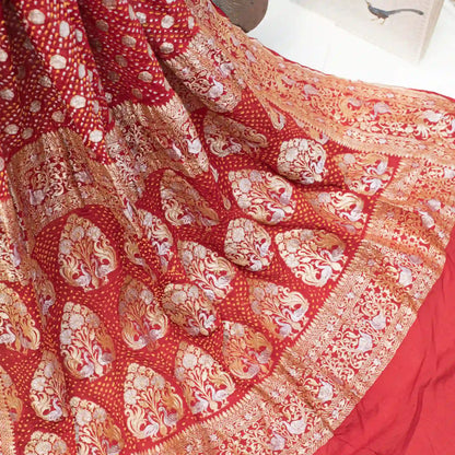 Handwoven Royal Bridal Bandhani Saree in Red