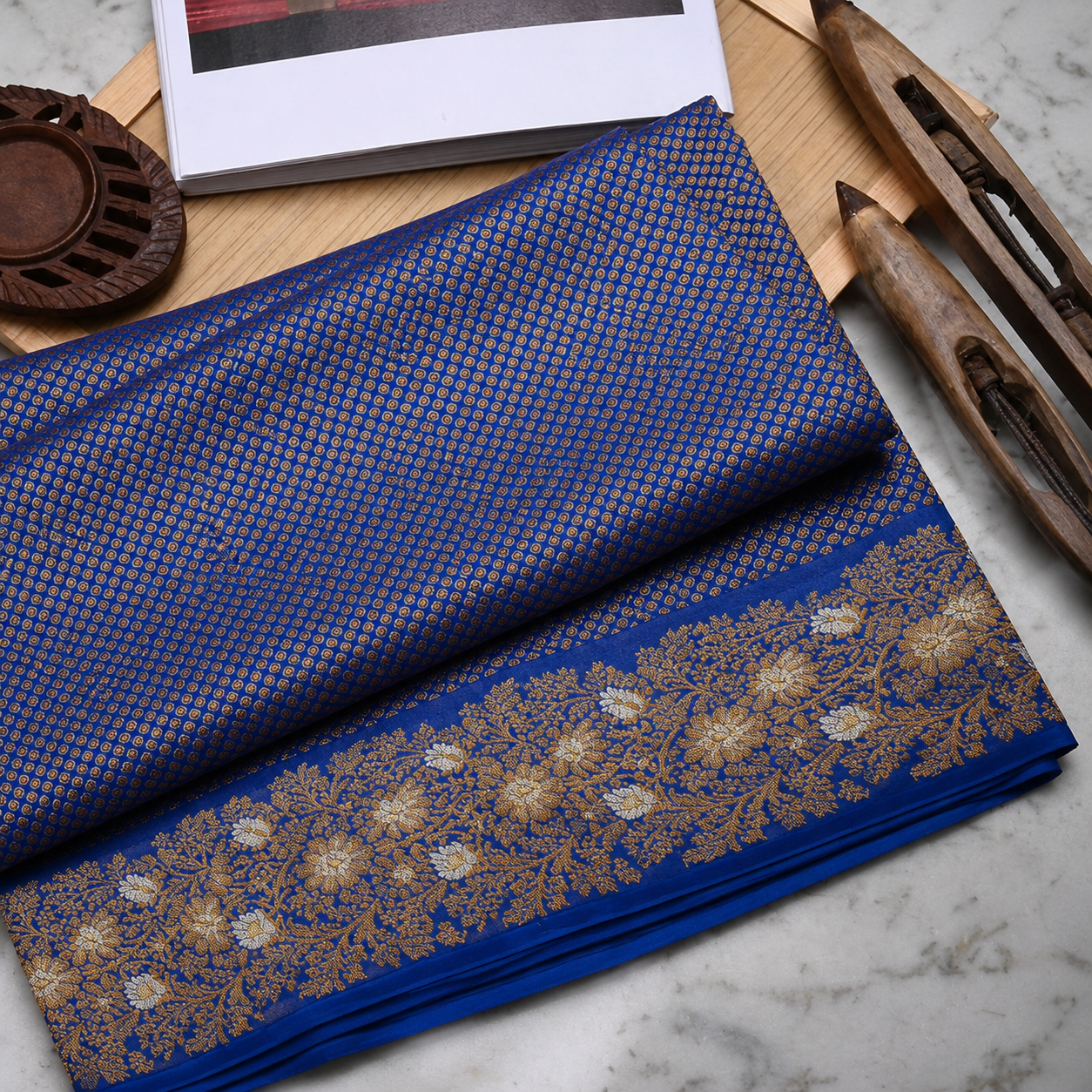 Royal Blue Handwoven Banarasi Khaddi Georgette Saree with Copper & Silver Zari Border