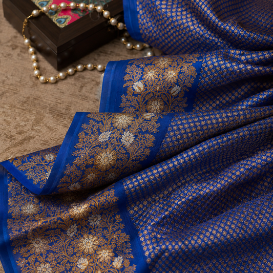 Royal Blue Handwoven Banarasi Khaddi Georgette Saree with Copper & Silver Zari Border