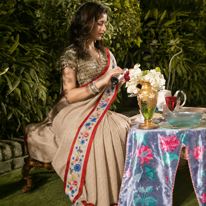 Handwoven Paani Gold Banarasi with a Hand Embroidered Parsi Garra Border