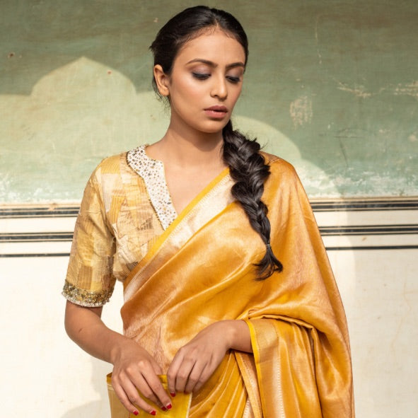 Yellow brocade tissue Silk saree
