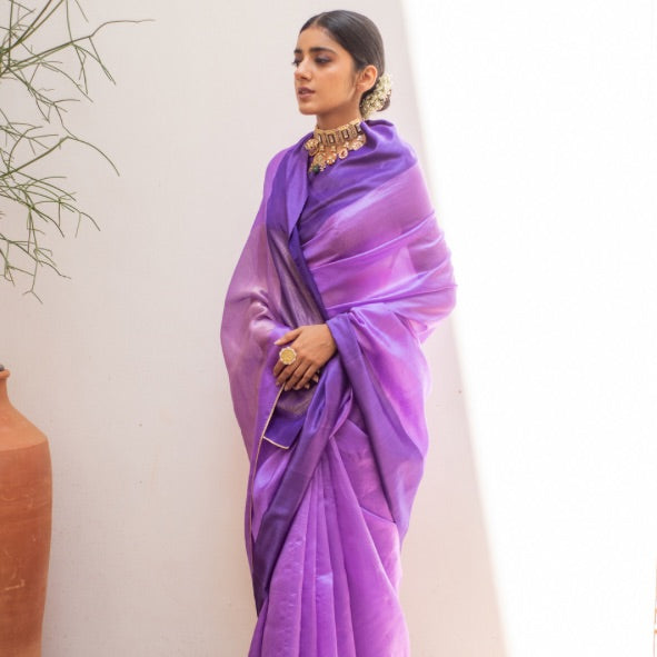 Purple silk chanderi handwoven saree with mashru border