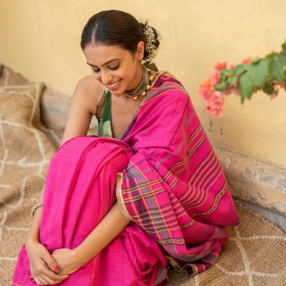 Pink organic cotton handwoven saree